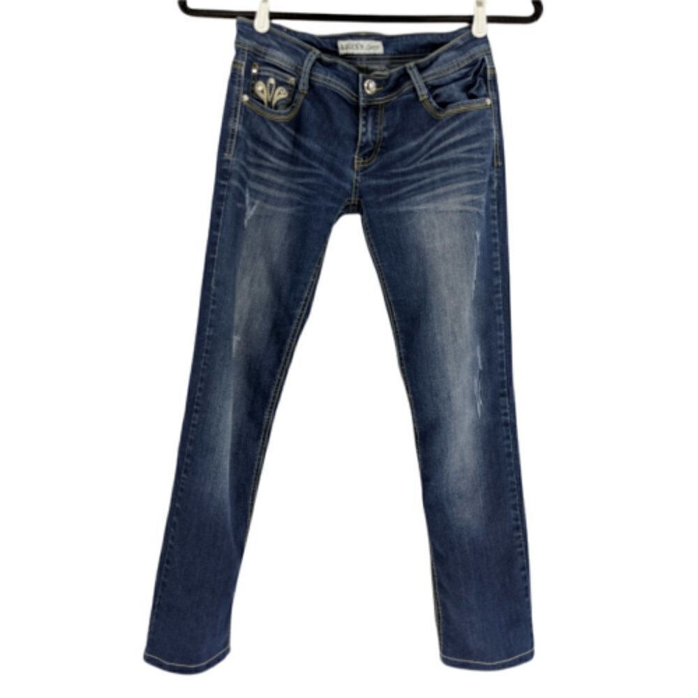 Liuce's Jeans Denim Blue Rhinestone Embellished Distressed Low Rise  Women's 9